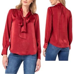 Liverpool Red Satin Long Sleeve Blouse Sz Sm EUC